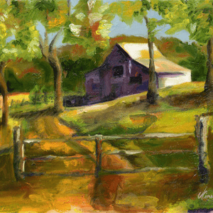 Brown barn with green trees and yard with wooden fence